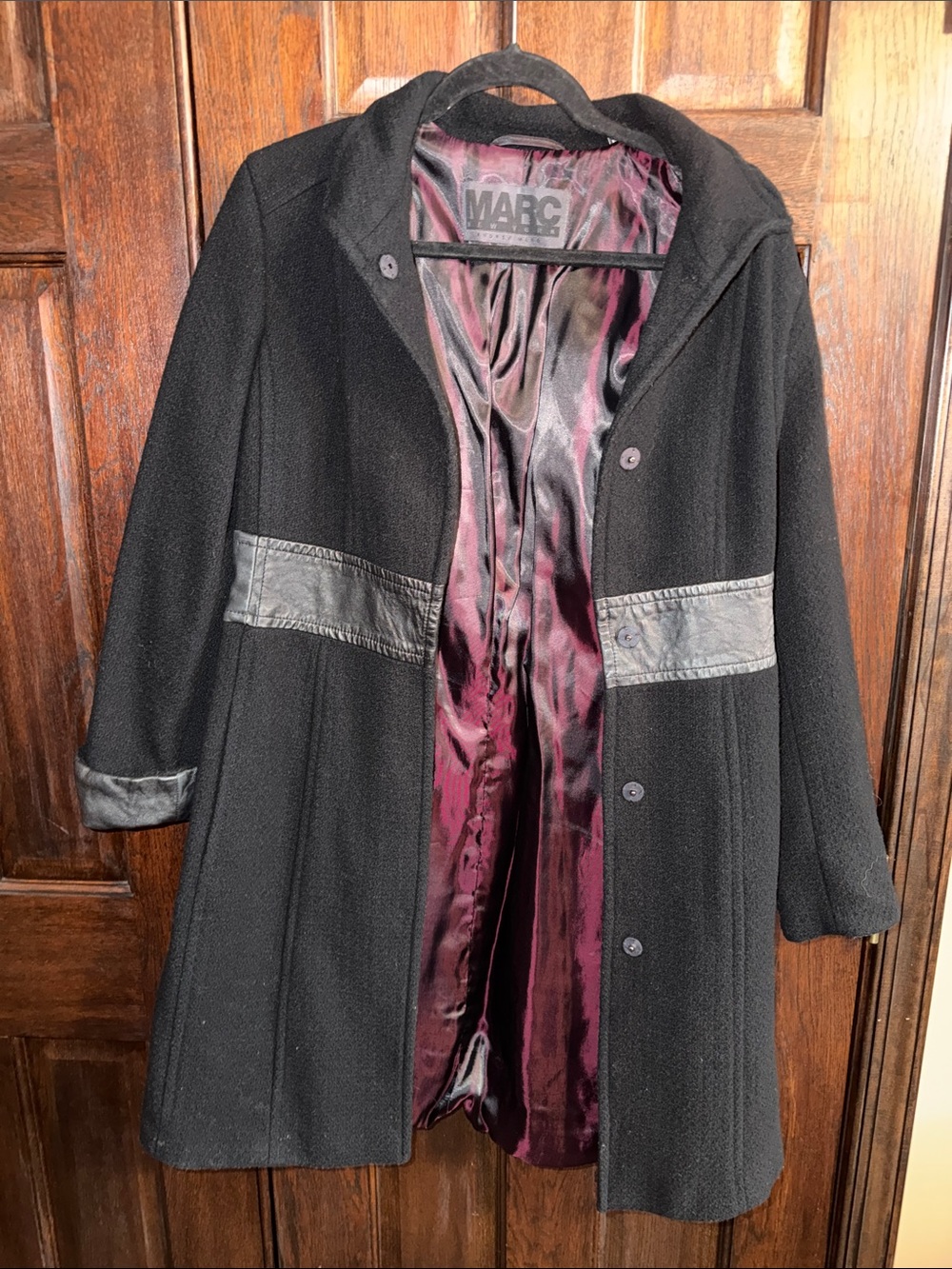 Marc New York Black Pea Coat with Plum Satin Lining